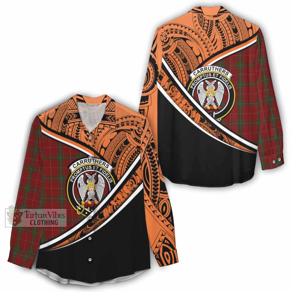 Tartan Vibes Clothing Carruthers Crest Tartan Women's Casual Shirt with Maori Tattoo Style - Orange Version