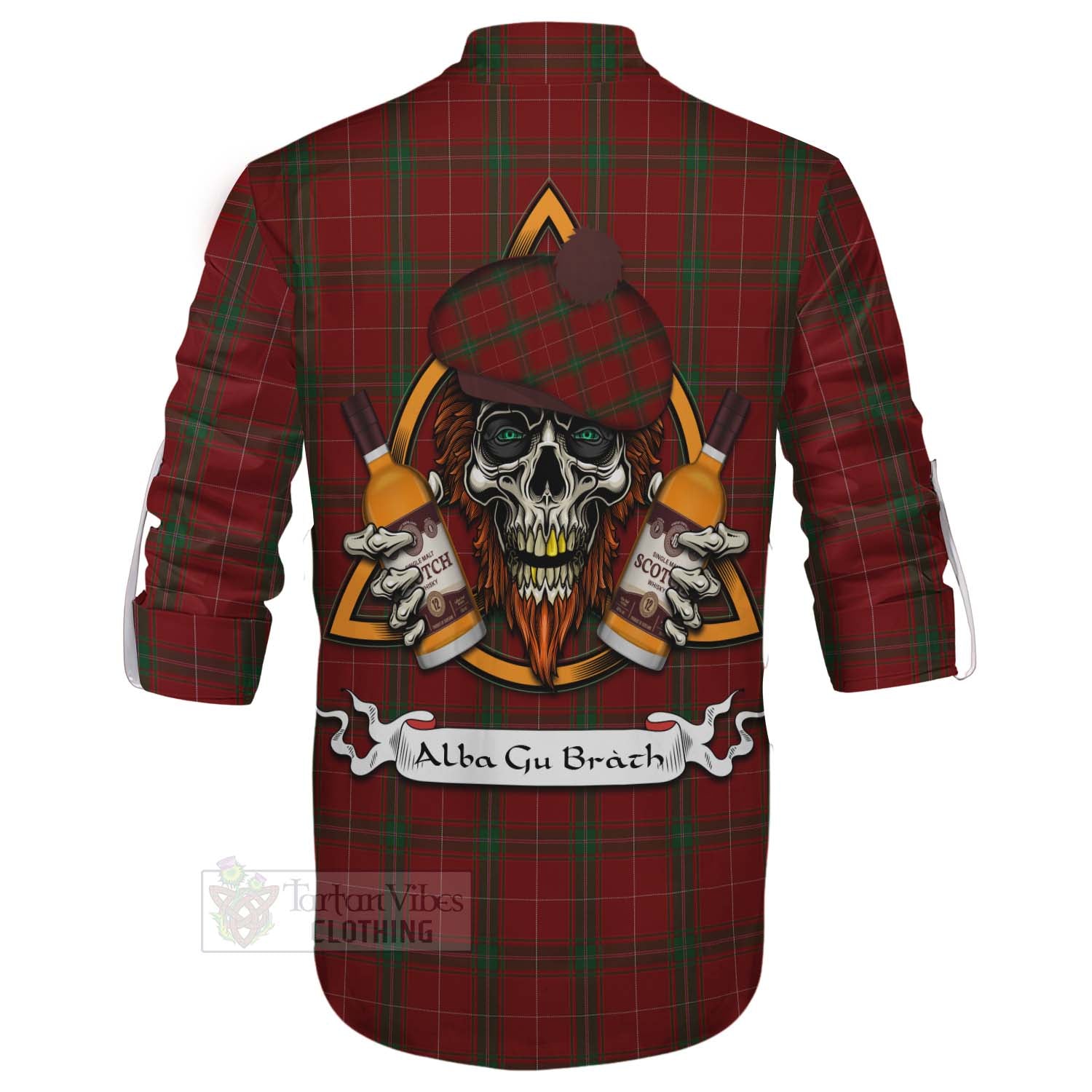 Tartan Vibes Clothing Carruthers Tartan Ghillie Kilt Shirt with Family Crest and Bearded Skull Holding Bottles of Whiskey