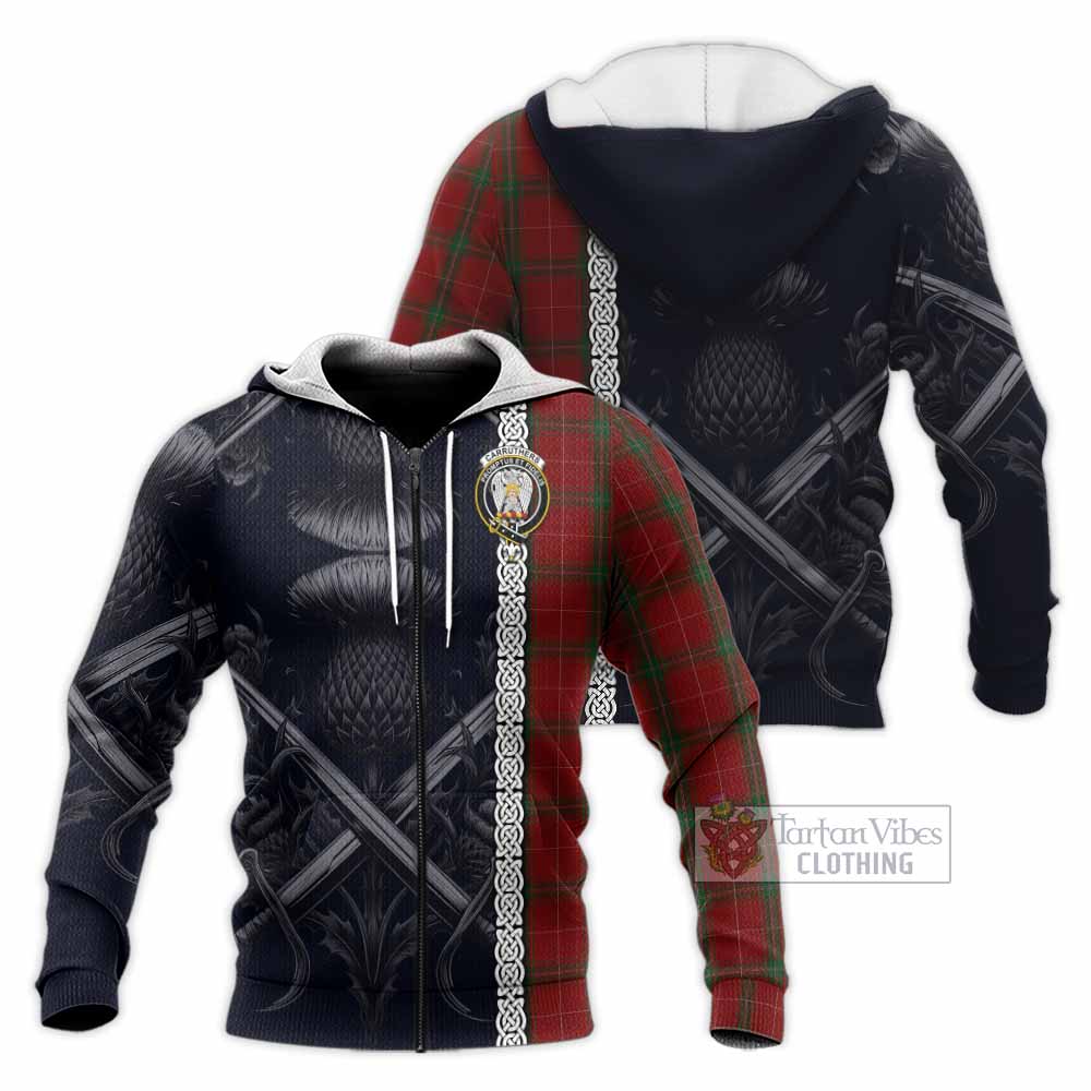 Tartan Vibes Clothing Carruthers Tartan Knitted Hoodie with Family Crest Cross Sword Thistle Celtic Vibes