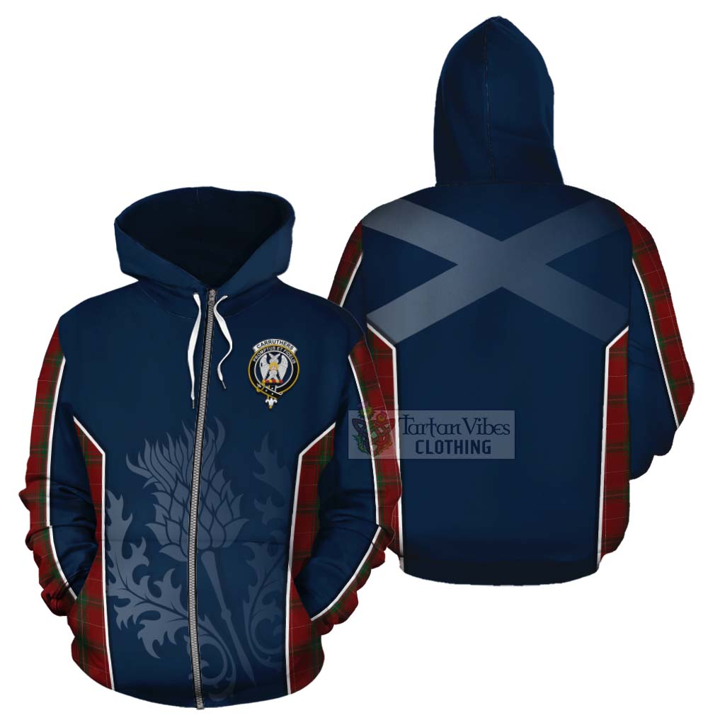 Tartan Vibes Clothing Carruthers Tartan Cotton Hoodie with Family Crest and Scottish Thistle Vibes Sport Style