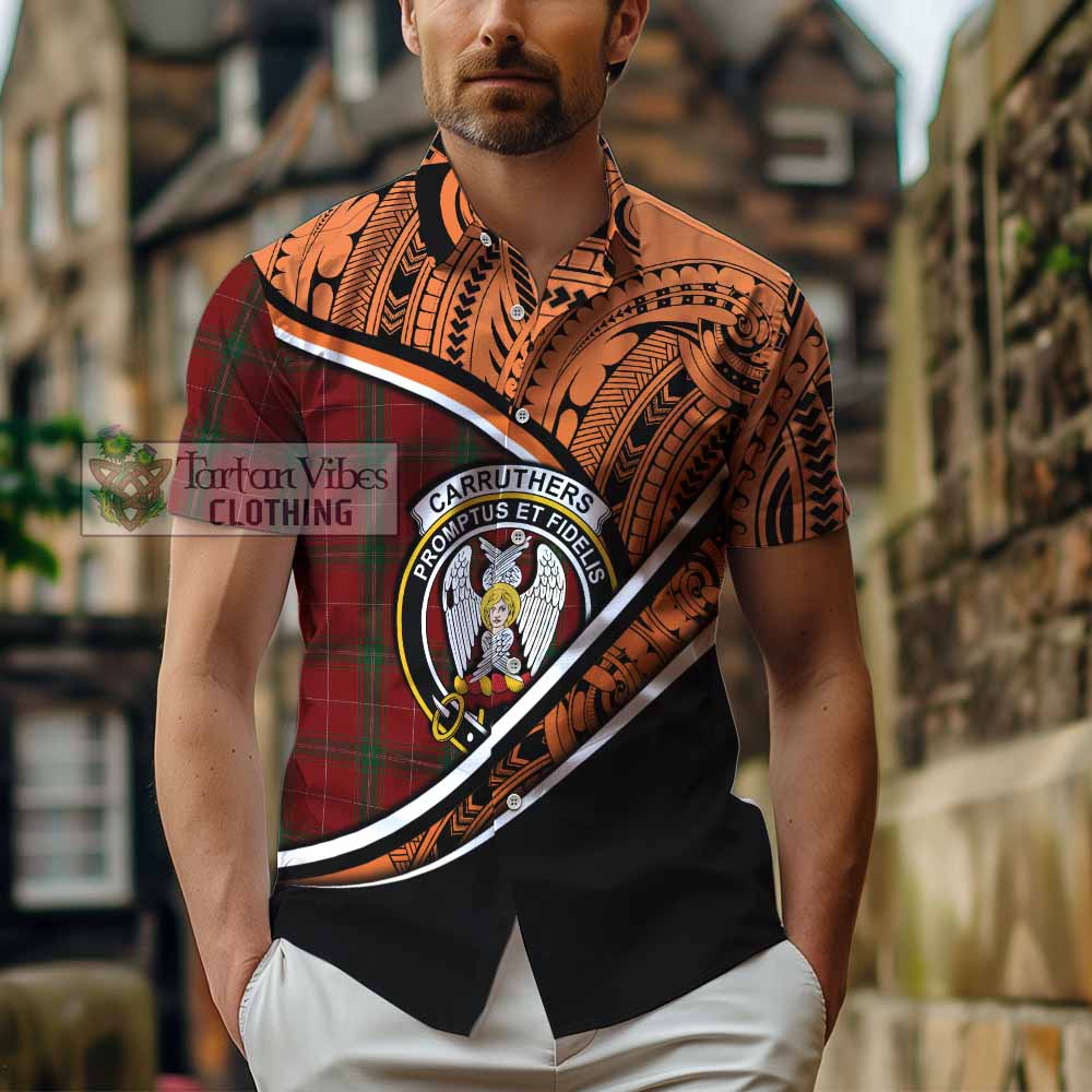 Tartan Vibes Clothing Carruthers Crest Tartan Short Sleeve Button Shirt with Maori Tattoo Style - Orange Version