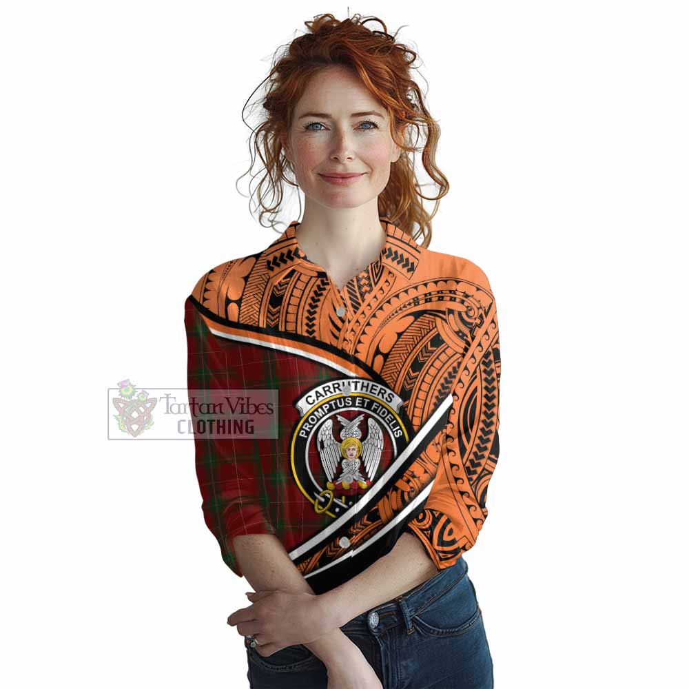 Tartan Vibes Clothing Carruthers Crest Tartan Women's Casual Shirt with Maori Tattoo Style - Orange Version