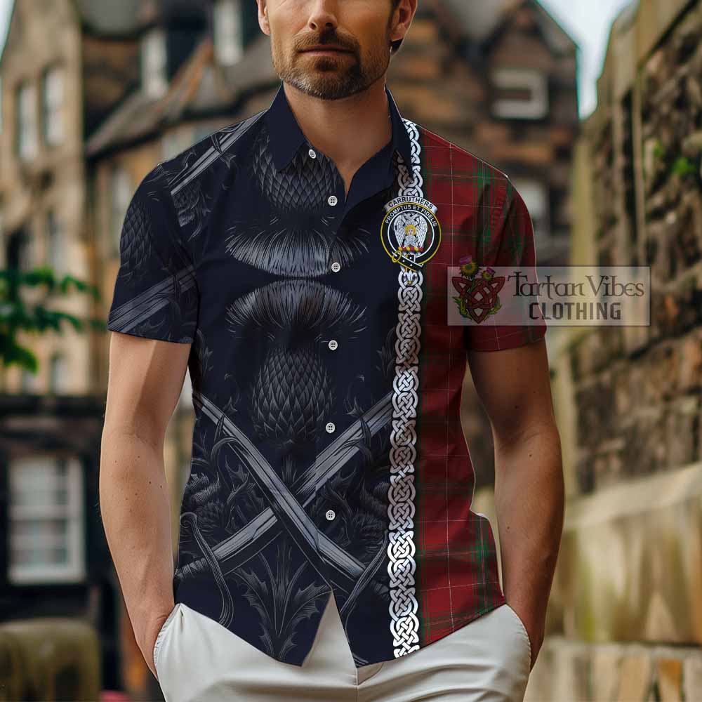 Tartan Vibes Clothing Carruthers Tartan Short Sleeve Button Shirt with Family Crest Cross Sword Thistle Celtic Vibes