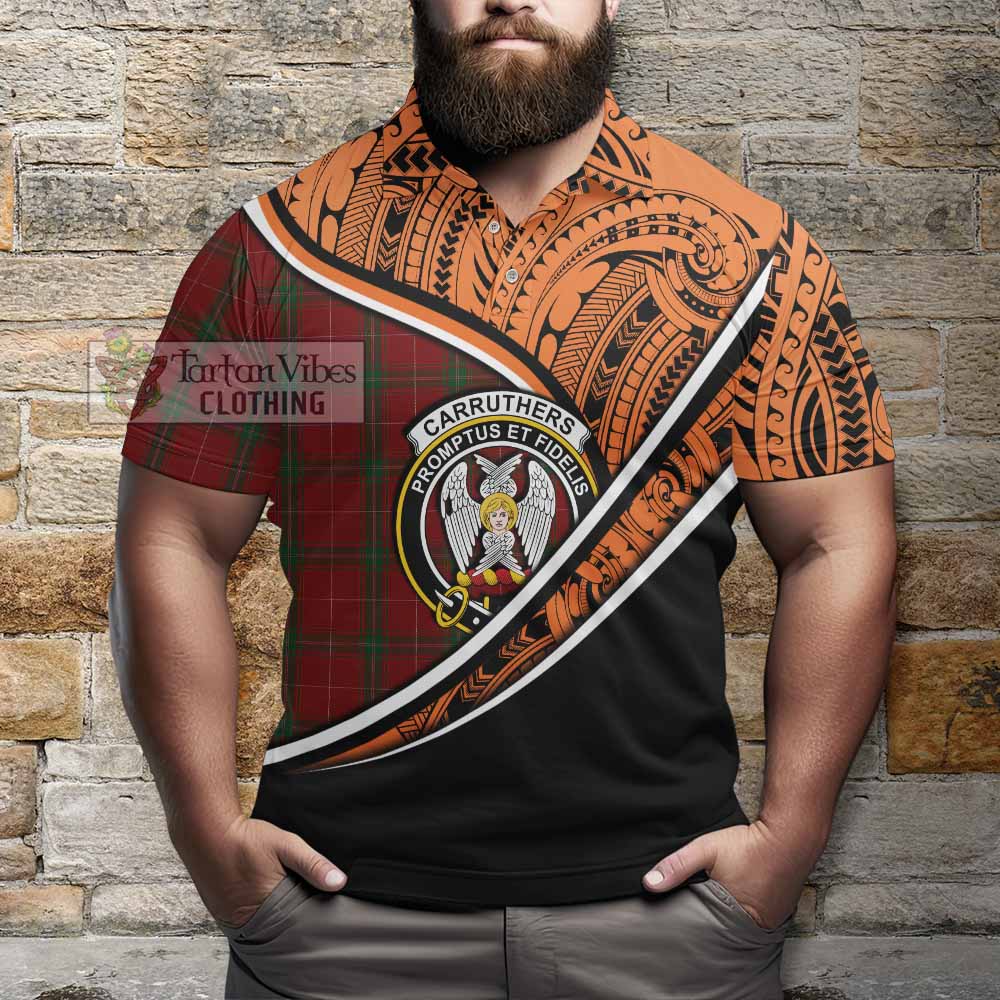 Tartan Vibes Clothing Carruthers Crest Tartan Polo Shirt with Maori Tattoo Style - Orange Version