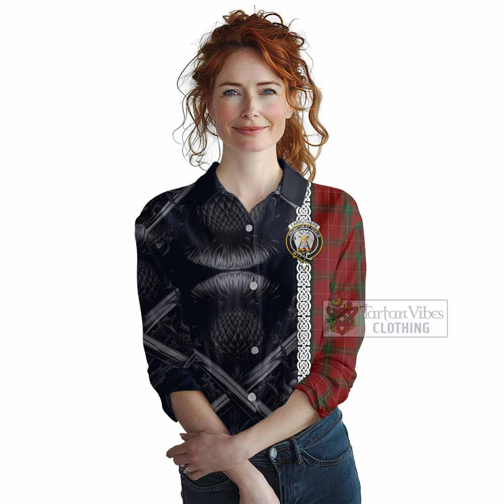 Tartan Vibes Clothing Carruthers Tartan Women's Casual Shirt with Family Crest Cross Sword Thistle Celtic Vibes