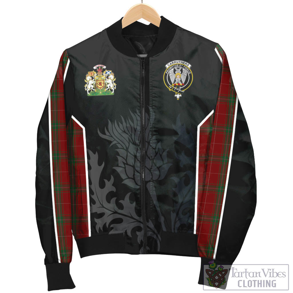 Tartan Vibes Clothing Carruthers Tartan Bomber Jacket with Family Crest and Scottish Thistle Vibes Sport Style