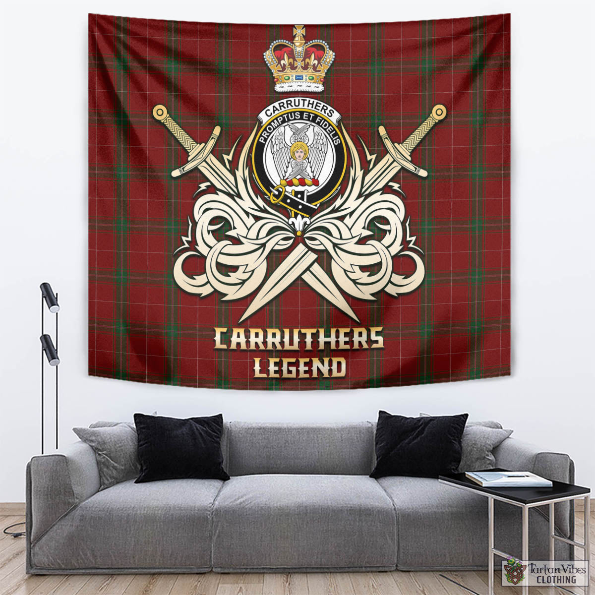 Tartan Vibes Clothing Carruthers Tartan Tapestry with Clan Crest and the Golden Sword of Courageous Legacy