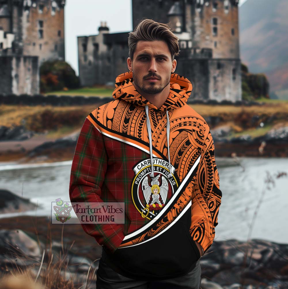 Tartan Vibes Clothing Carruthers Crest Tartan Cotton Hoodie with Maori Tattoo Style - Orange Version