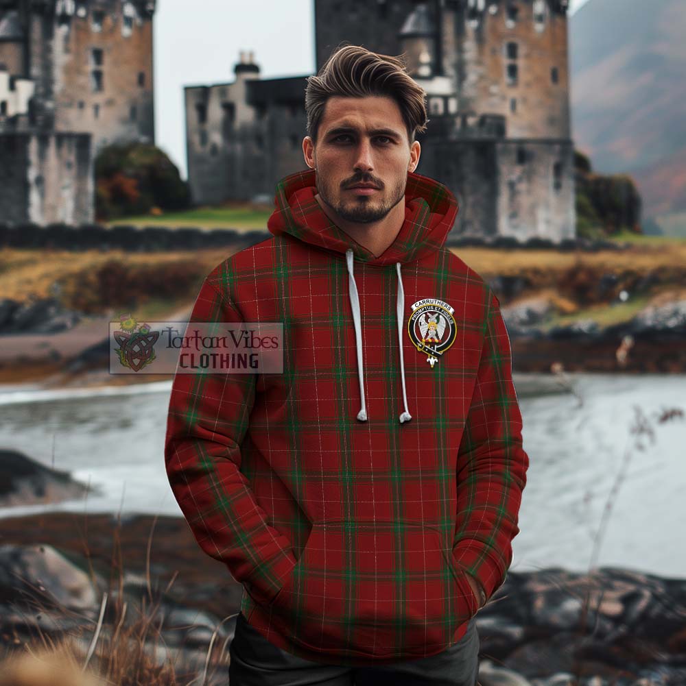 Tartan Vibes Clothing Carruthers Tartan Cotton Hoodie with Family Crest and Bearded Skull Holding Bottles of Whiskey