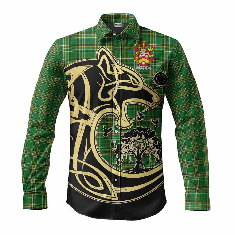 Carville Irish Tartan Long Sleeve Button Shirt with Coat of Arms Celtic Wolf Style Men's Shirt S - Tartan Vibes Clothing
