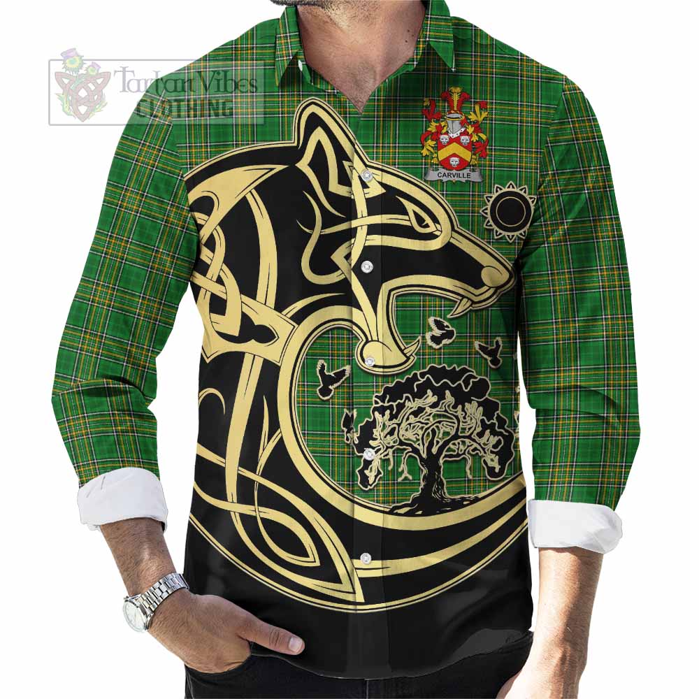 Carville Irish Tartan Long Sleeve Button Shirt with Coat of Arms Celtic Wolf Style - Tartan Vibes Clothing