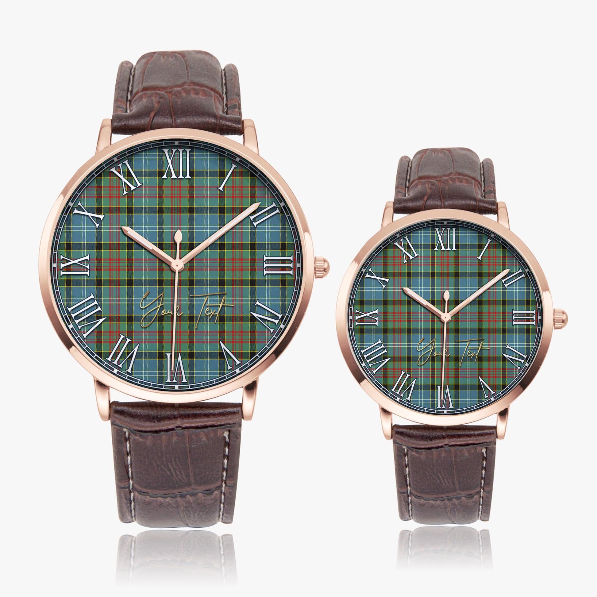 Cathcart Tartan Personalized Your Text Leather Trap Quartz Watch Ultra Thin Rose Gold Case With Brown Leather Strap - Tartanvibesclothing