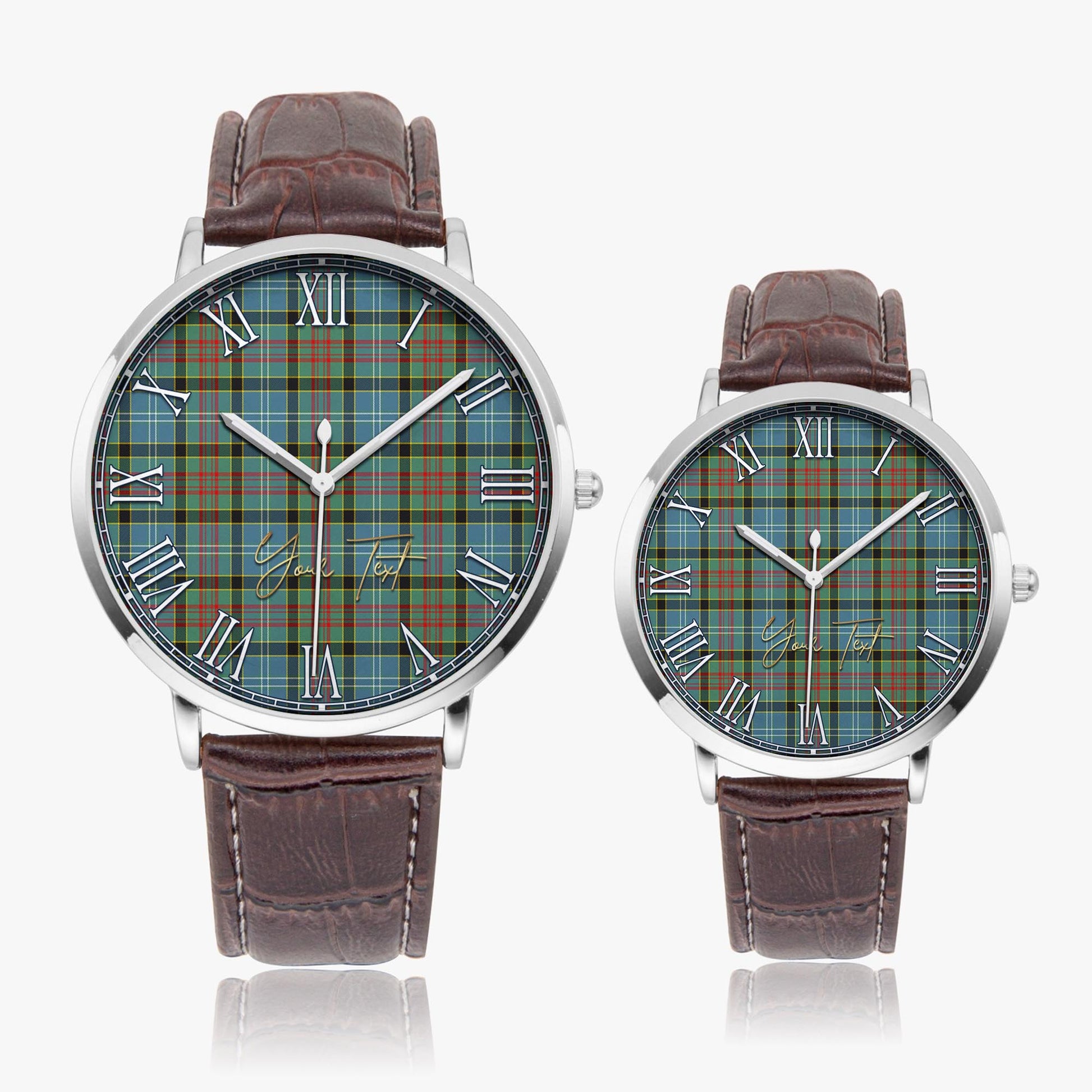 Cathcart Tartan Personalized Your Text Leather Trap Quartz Watch Ultra Thin Silver Case With Brown Leather Strap - Tartanvibesclothing