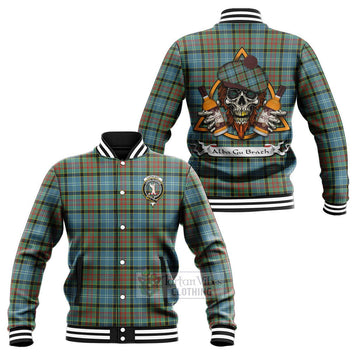 Cathcart Tartan Baseball Jacket with Family Crest and Bearded Skull Holding Bottles of Whiskey