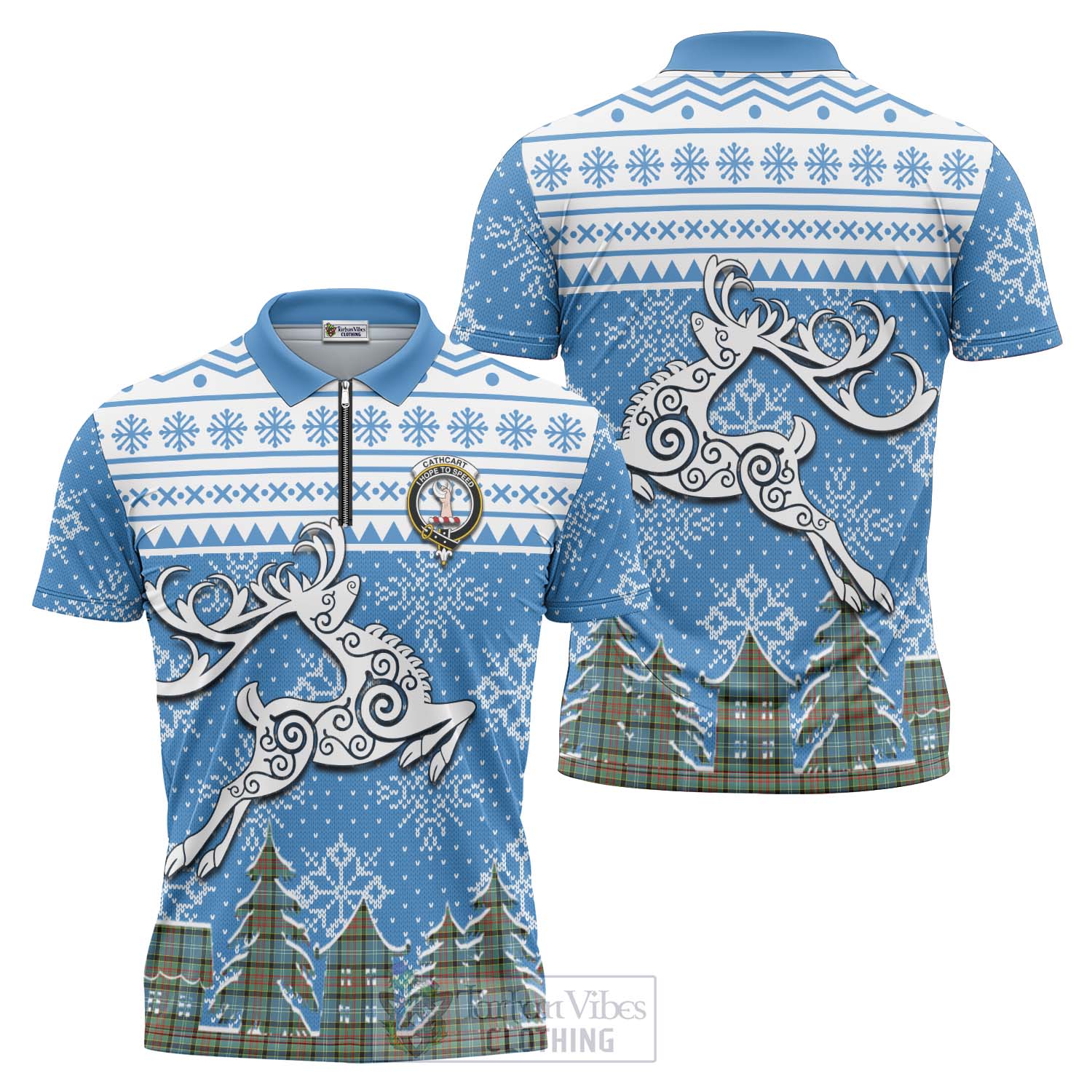 Tartan Vibes Clothing Cathcart Clan Christmas Zipper Polo Shirt Celtic Reindeer Style