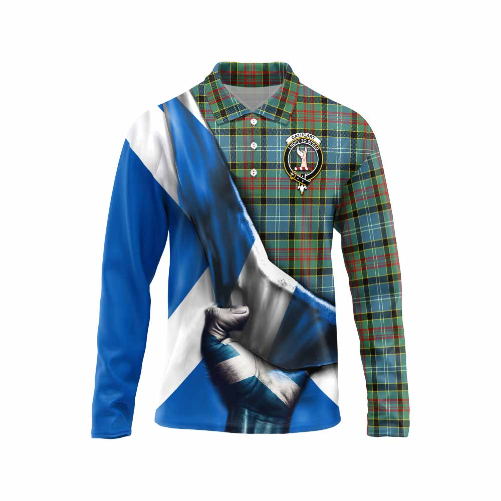 Tartan Vibes Clothing Cathcart Tartan Long Sleeve Polo Shirt with Family Crest Scotland Patriotic Style