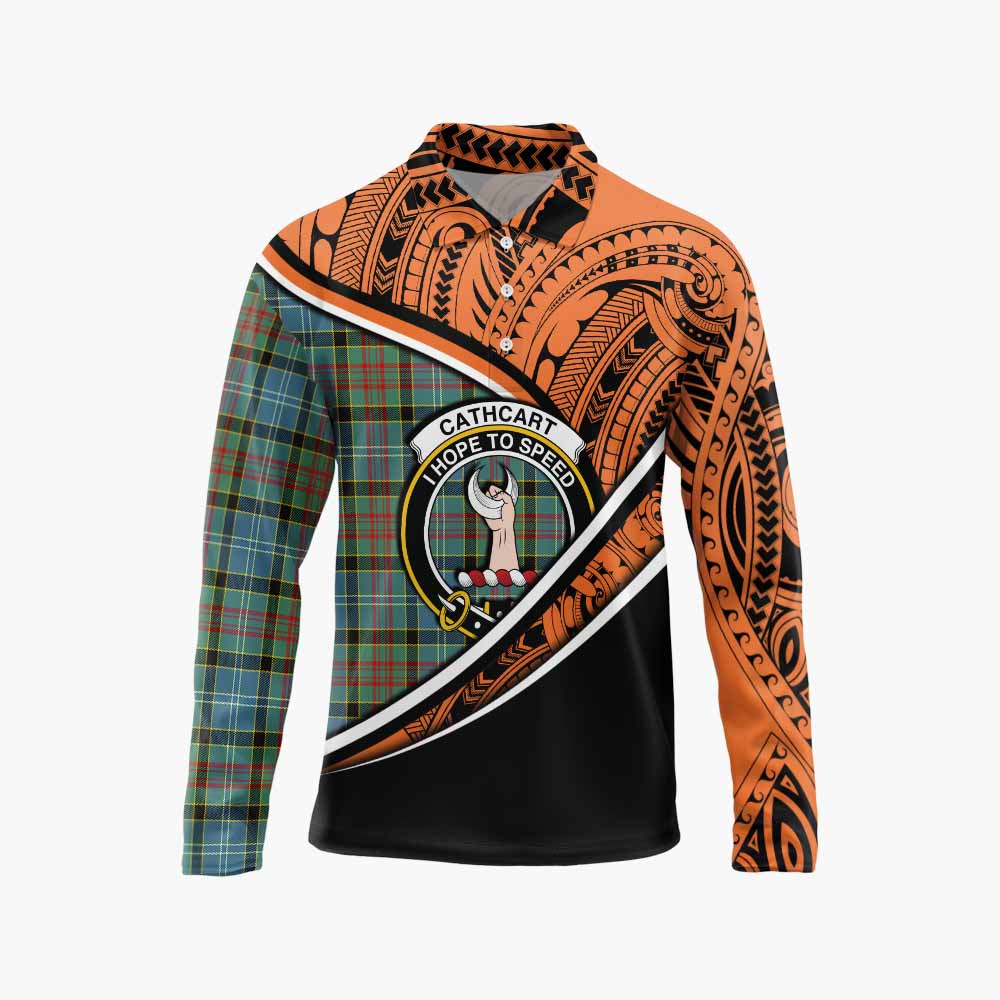 Tartan Vibes Clothing Cathcart Crest Tartan Long Sleeve Polo Shirt with Maori Tattoo Style - Orange Version