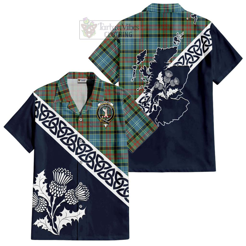 Tartan Vibes Clothing Cathcart Tartan Short Sleeve Button Shirt Featuring Thistle and Scotland Map