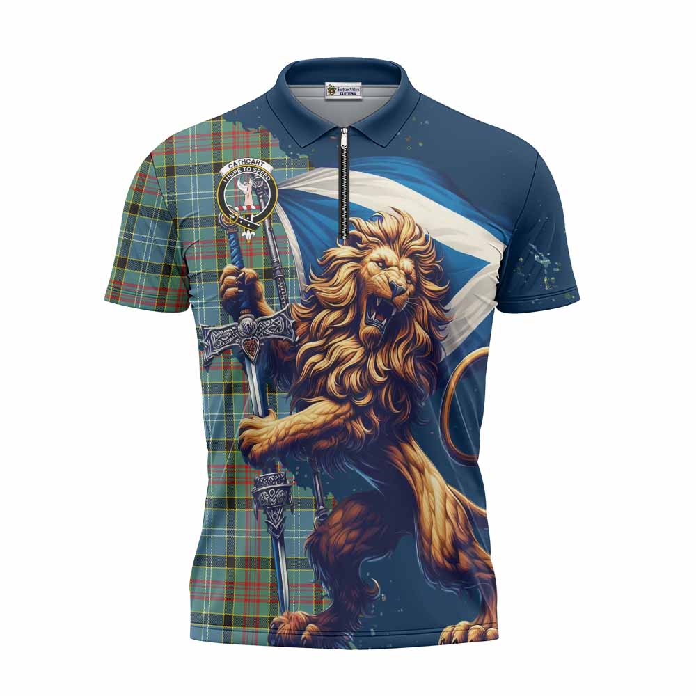 Tartan Vibes Clothing Cathcart Tartan Family Crest Zipper Polo Shirt with Scottish Majestic Lion