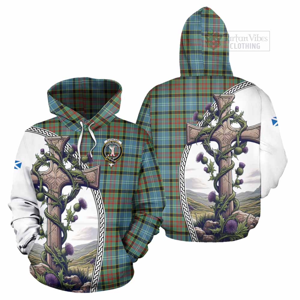 Tartan Vibes Clothing Cathcart Tartan Hoodie with Family Crest and St. Andrew's Cross Accented by Thistle Vines