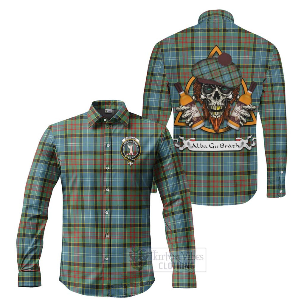 Tartan Vibes Clothing Cathcart Tartan Long Sleeve Button Shirt with Family Crest and Bearded Skull Holding Bottles of Whiskey