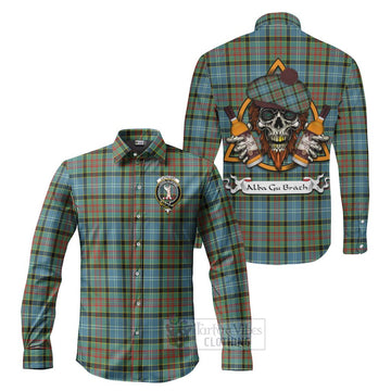 Cathcart Tartan Long Sleeve Button Shirt with Family Crest and Bearded Skull Holding Bottles of Whiskey