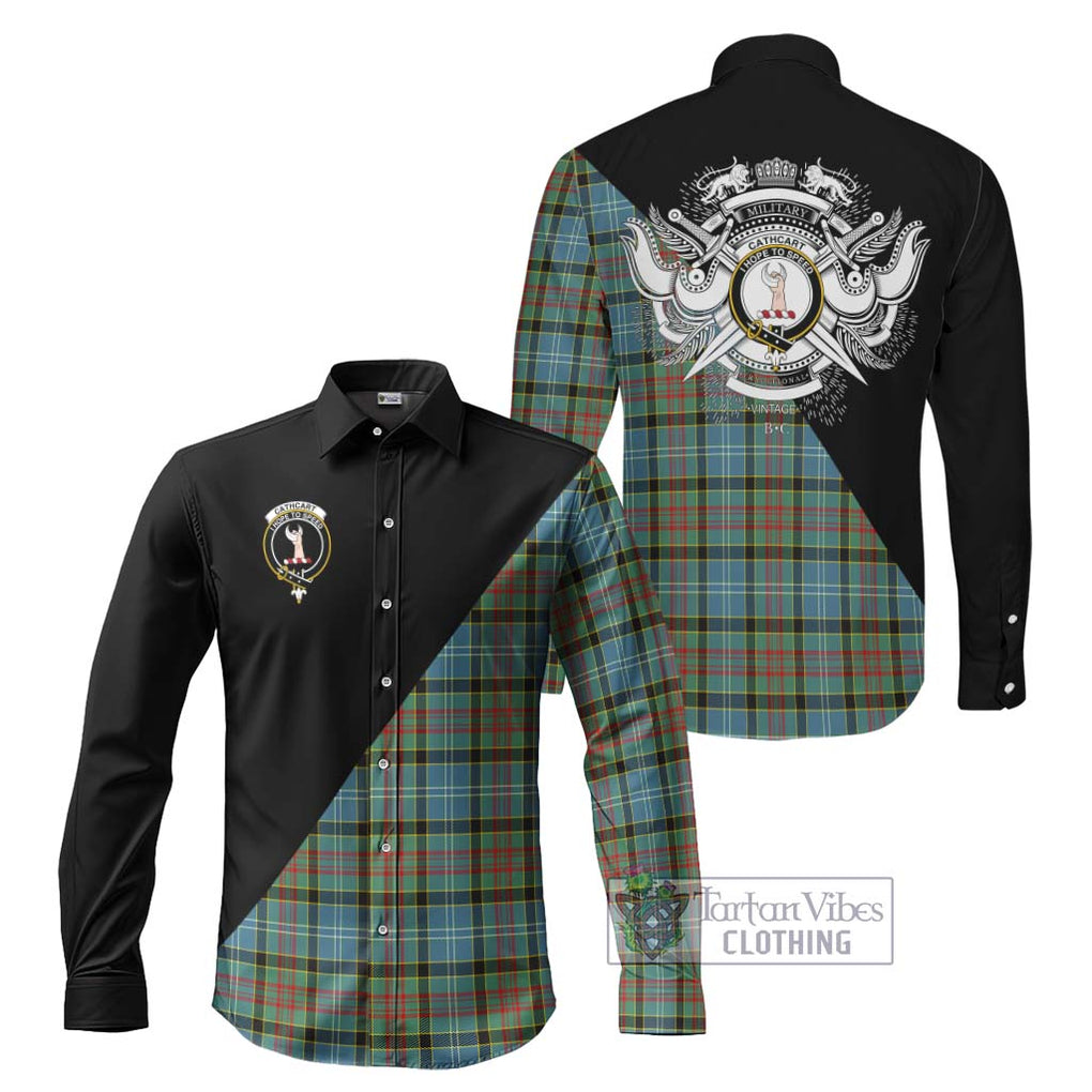 Cathcart Tartan Long Sleeve Button Shirt with Family Crest and Military Logo Style Men's Shirt S - Tartanvibesclothing Shop