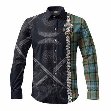 Cathcart Tartan Long Sleeve Button Shirt with Family Crest Cross Sword Thistle Celtic Vibes