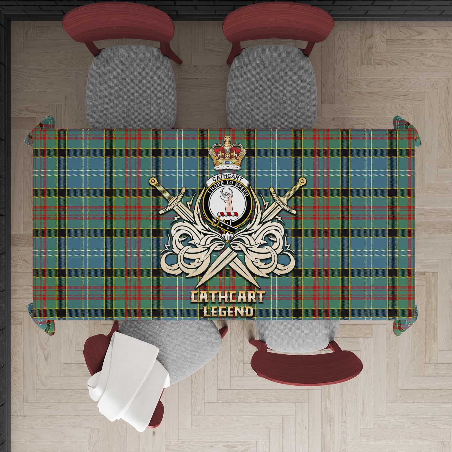 Tartan Vibes Clothing Cathcart Tartan Tablecloth with Clan Crest and the Golden Sword of Courageous Legacy