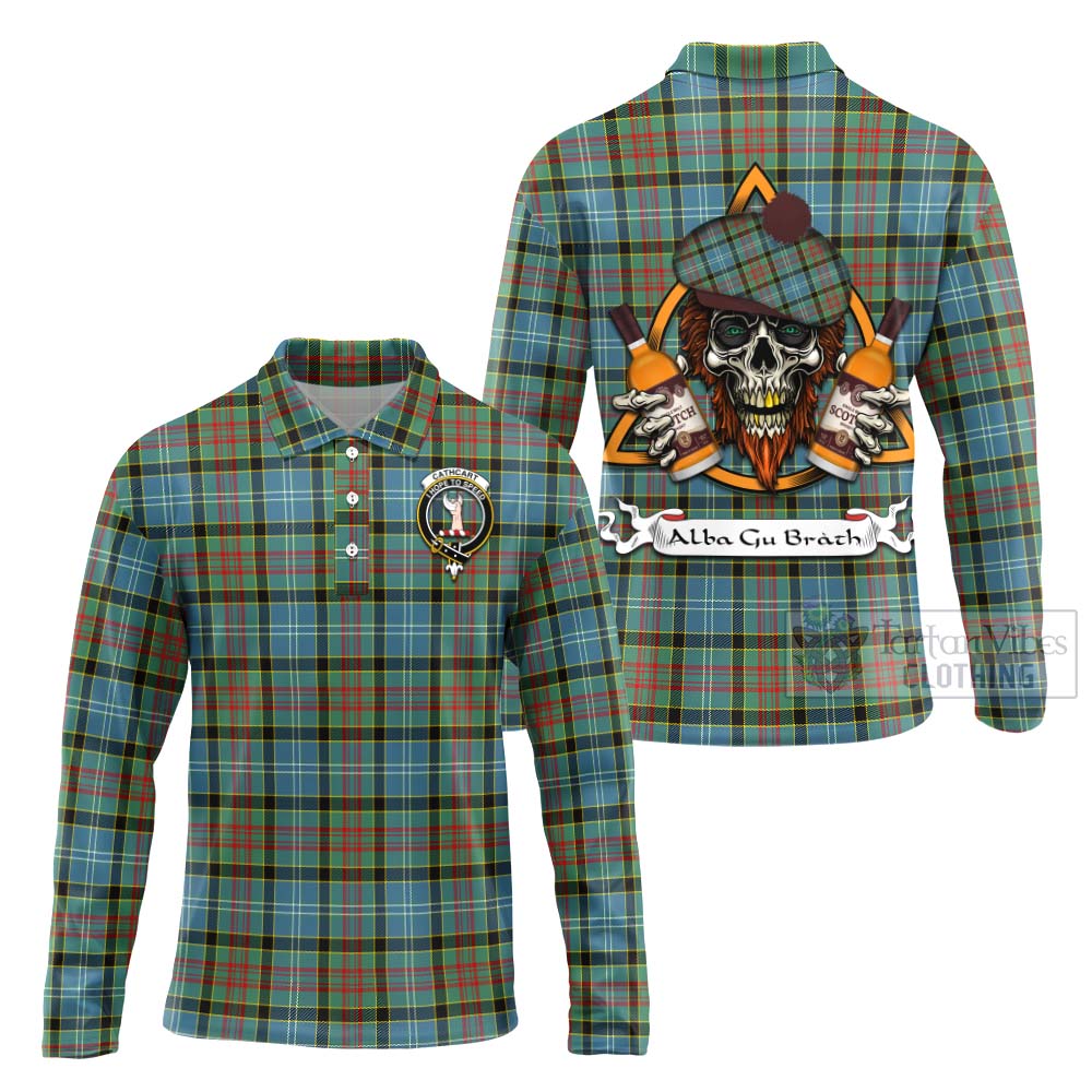 Tartan Vibes Clothing Cathcart Tartan Long Sleeve Polo Shirt with Family Crest and Bearded Skull Holding Bottles of Whiskey