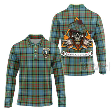 Cathcart Tartan Long Sleeve Polo Shirt with Family Crest and Bearded Skull Holding Bottles of Whiskey