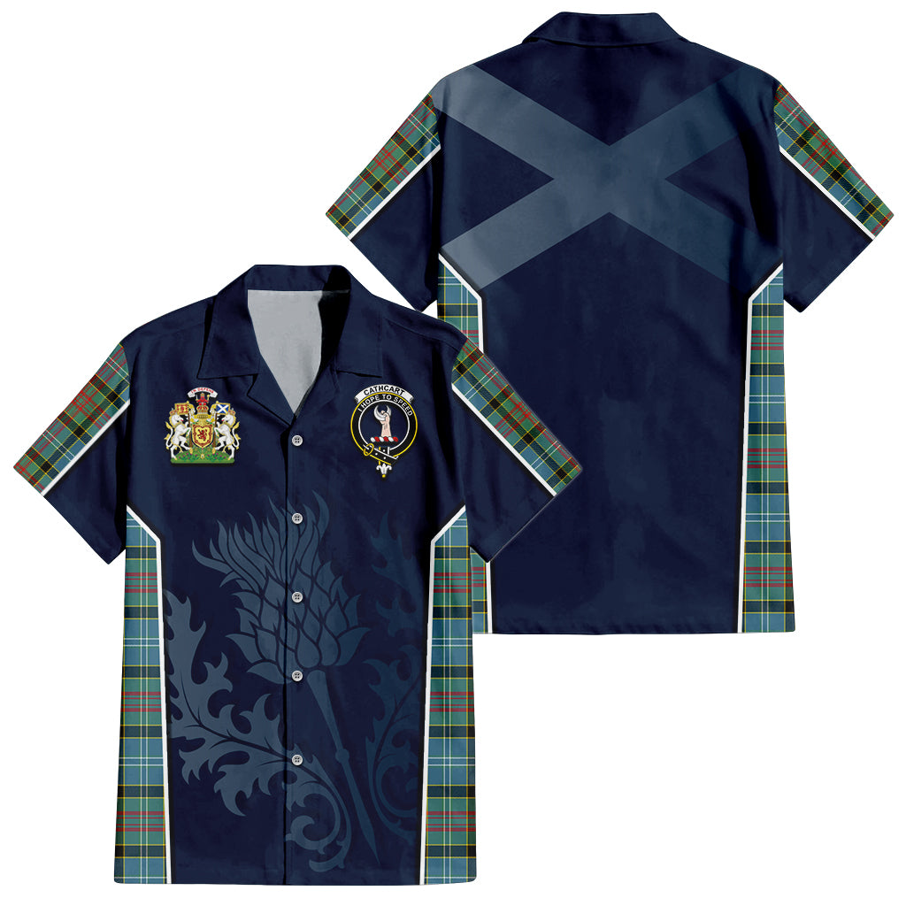 Tartan Vibes Clothing Cathcart Tartan Short Sleeve Button Up Shirt with Family Crest and Scottish Thistle Vibes Sport Style