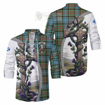 Cathcart Tartan Ghillie Kilt Shirt with Family Crest and St. Andrew's Cross Accented by Thistle Vines