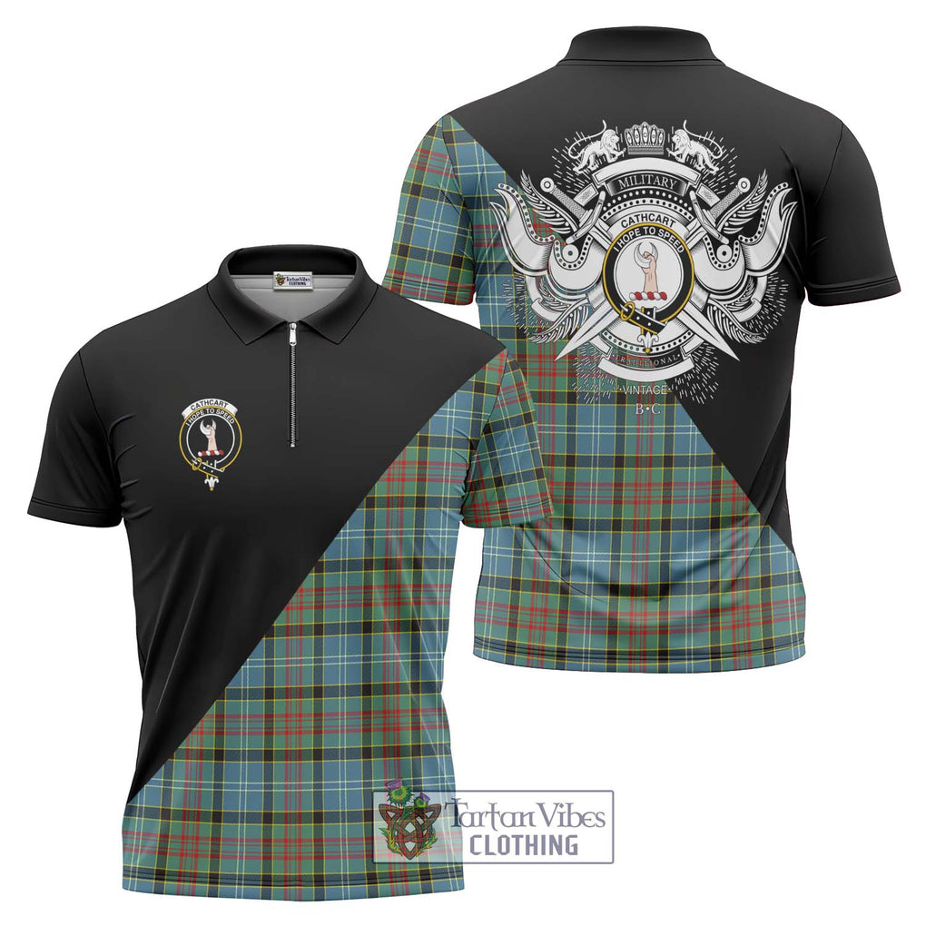 Cathcart Tartan Zipper Polo Shirt with Family Crest and Military Logo Style Unisex - Tartanvibesclothing Shop