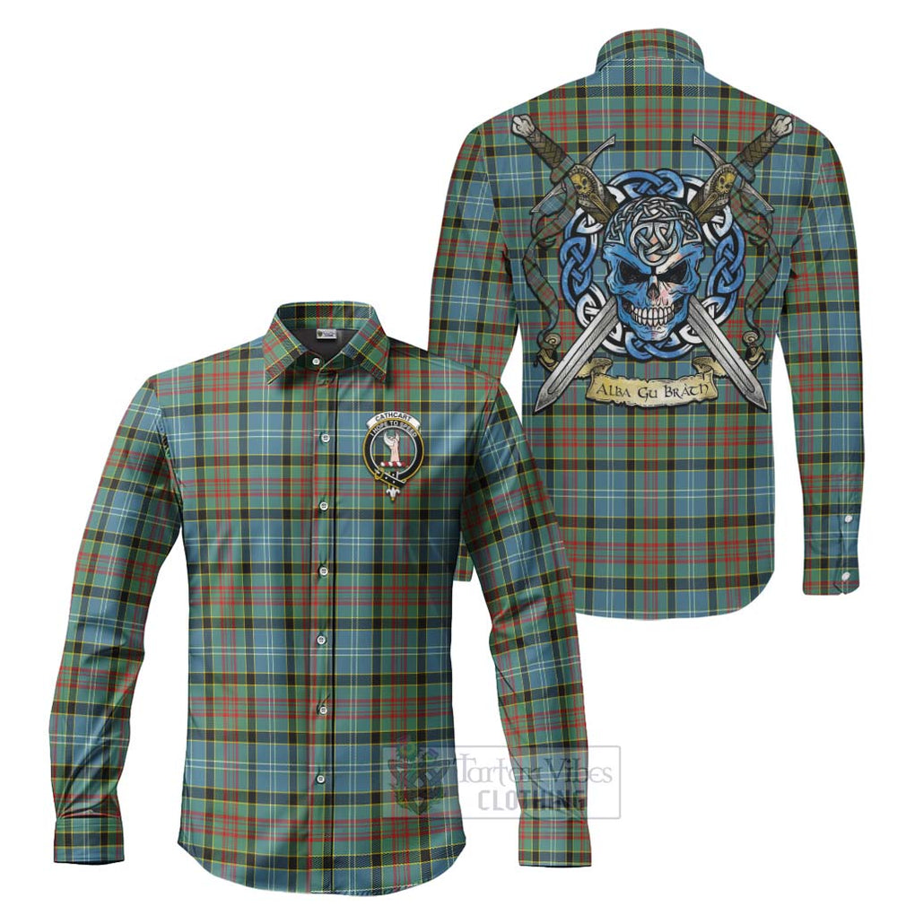 Tartan Vibes Clothing Cathcart Tartan Long Sleeve Button Shirt with Family Crest Celtic Skull Style