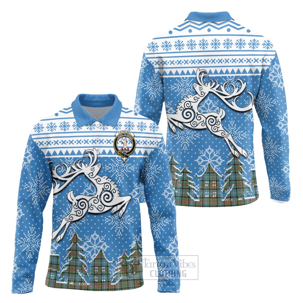 Tartan Vibes Clothing Cathcart Clan Christmas Long Sleeve Polo Shirt Celtic Reindeer Style