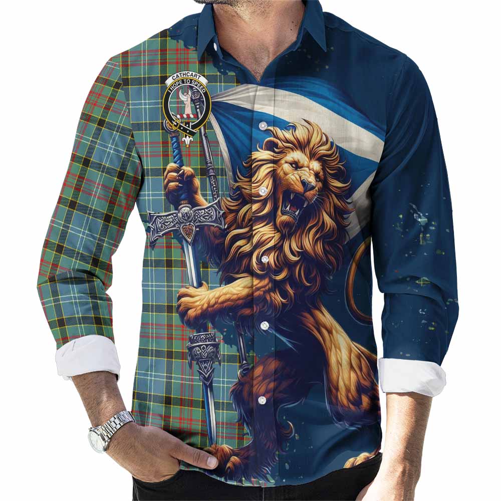 Tartan Vibes Clothing Cathcart Tartan Family Crest Long Sleeve Button Shirt with Scottish Majestic Lion