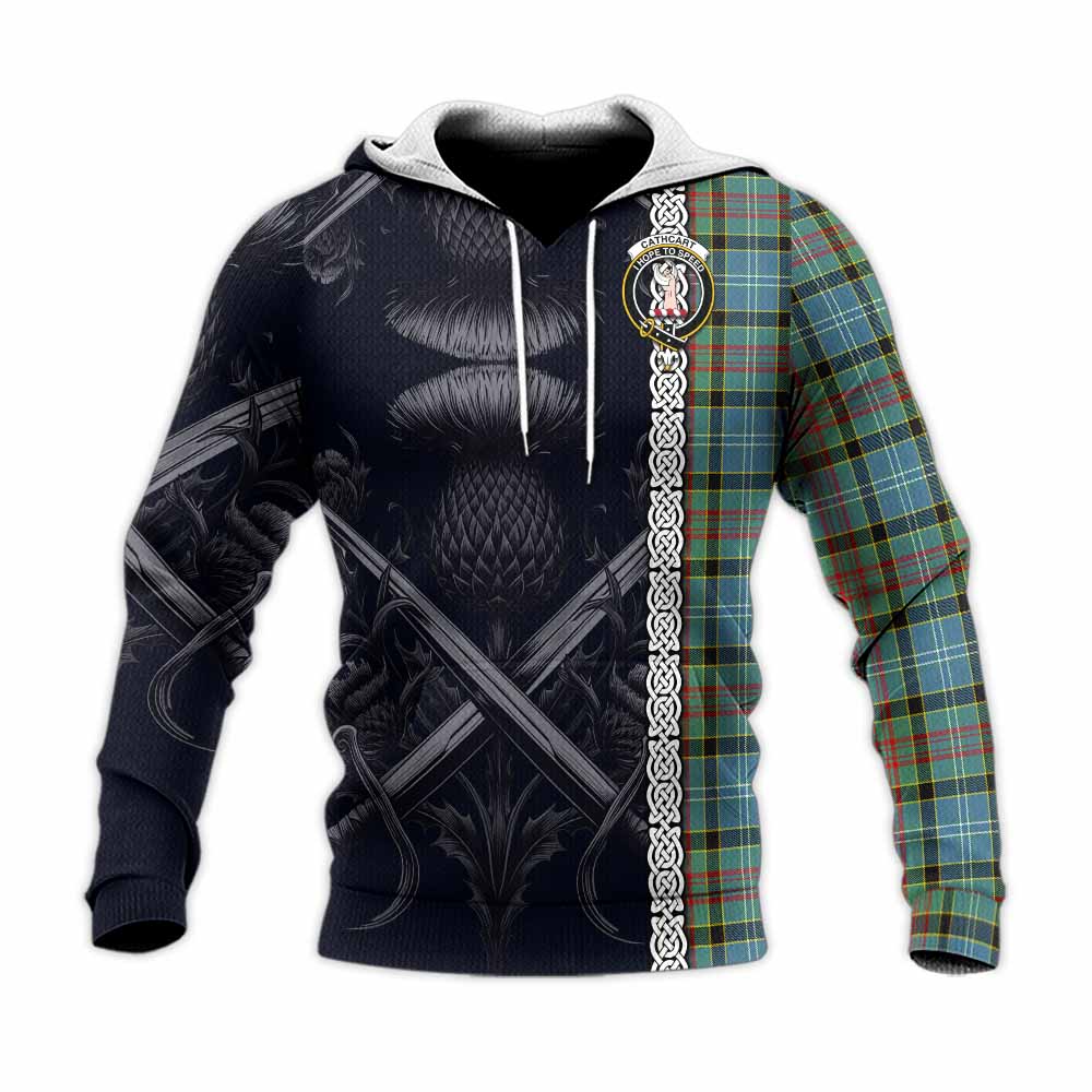 Tartan Vibes Clothing Cathcart Tartan Knitted Hoodie with Family Crest Cross Sword Thistle Celtic Vibes