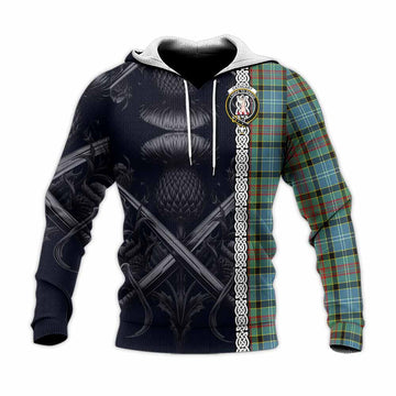 Cathcart Tartan Knitted Hoodie with Family Crest Cross Sword Thistle Celtic Vibes