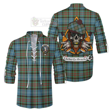 Cathcart Tartan Ghillie Kilt Shirt with Family Crest and Bearded Skull Holding Bottles of Whiskey