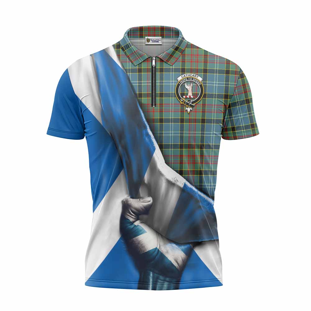 Tartan Vibes Clothing Cathcart Tartan Zipper Polo Shirt with Family Crest Scotland Patriotic Style