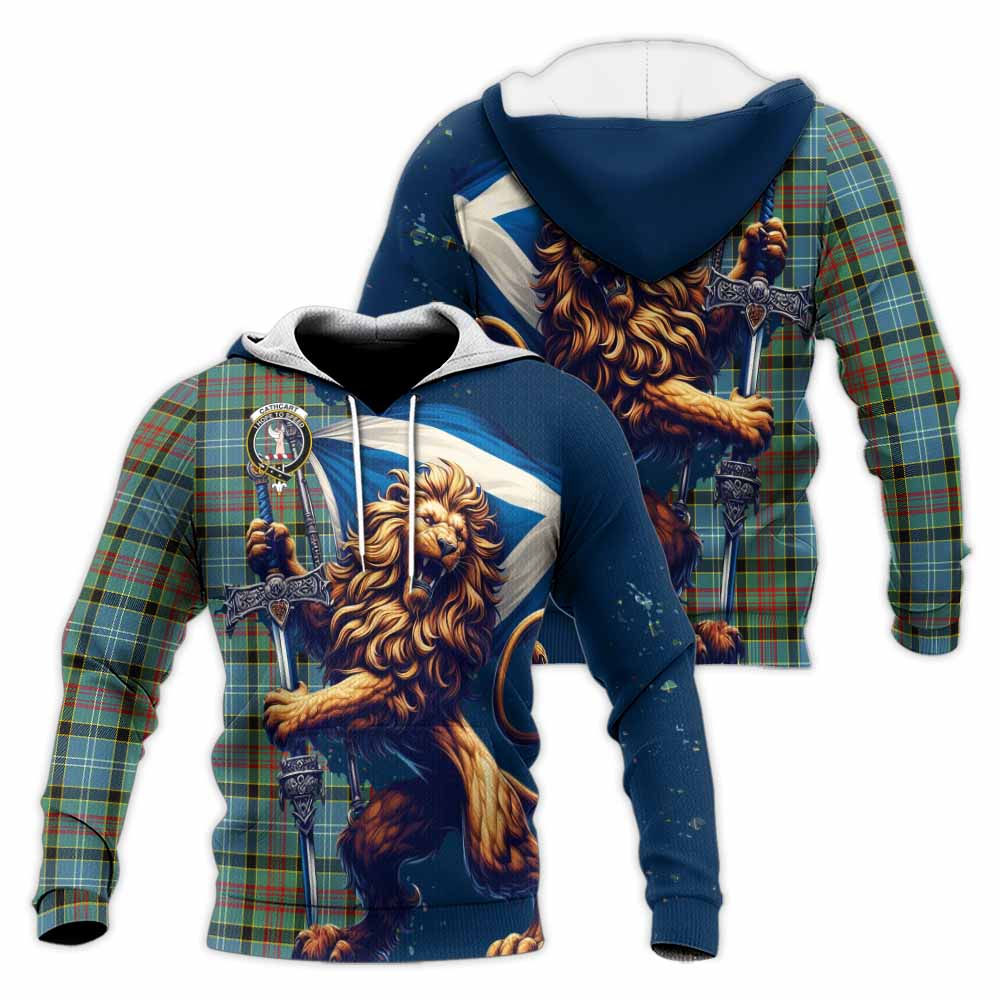 Tartan Vibes Clothing Cathcart Tartan Family Crest Knitted Hoodie with Scottish Majestic Lion