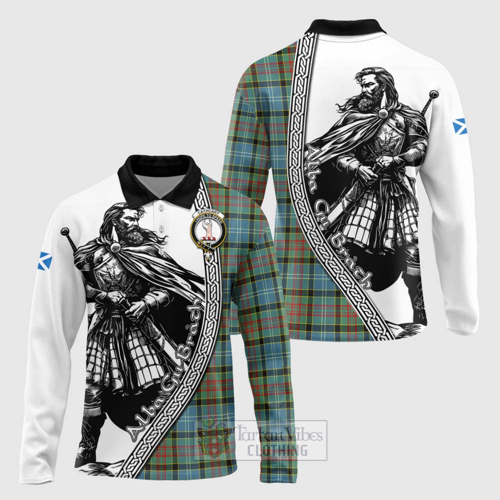 Tartan Vibes Clothing Cathcart Tartan Clan Crest Long Sleeve Polo Shirt with Highlander Warrior Celtic Style