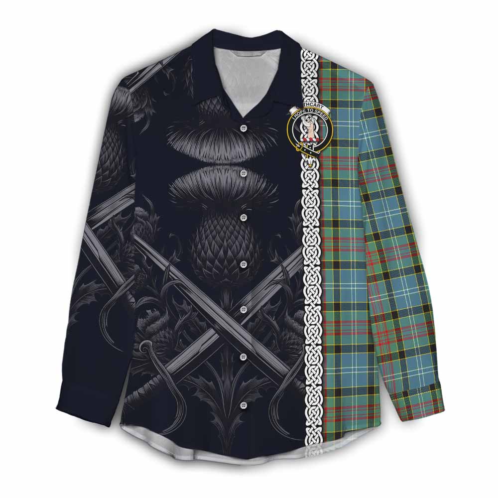 Tartan Vibes Clothing Cathcart Tartan Women's Casual Shirt with Family Crest Cross Sword Thistle Celtic Vibes