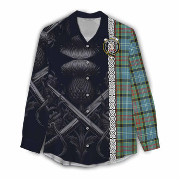 Cathcart Tartan Women's Casual Shirt with Family Crest Cross Sword Thistle Celtic Vibes