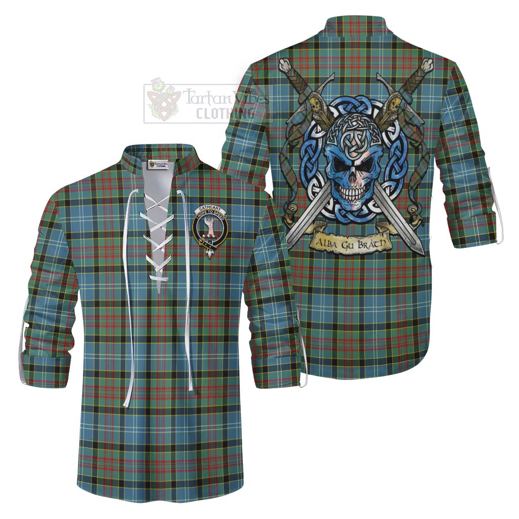 Tartan Vibes Clothing Cathcart Tartan Ghillie Kilt Shirt with Family Crest Celtic Skull Style