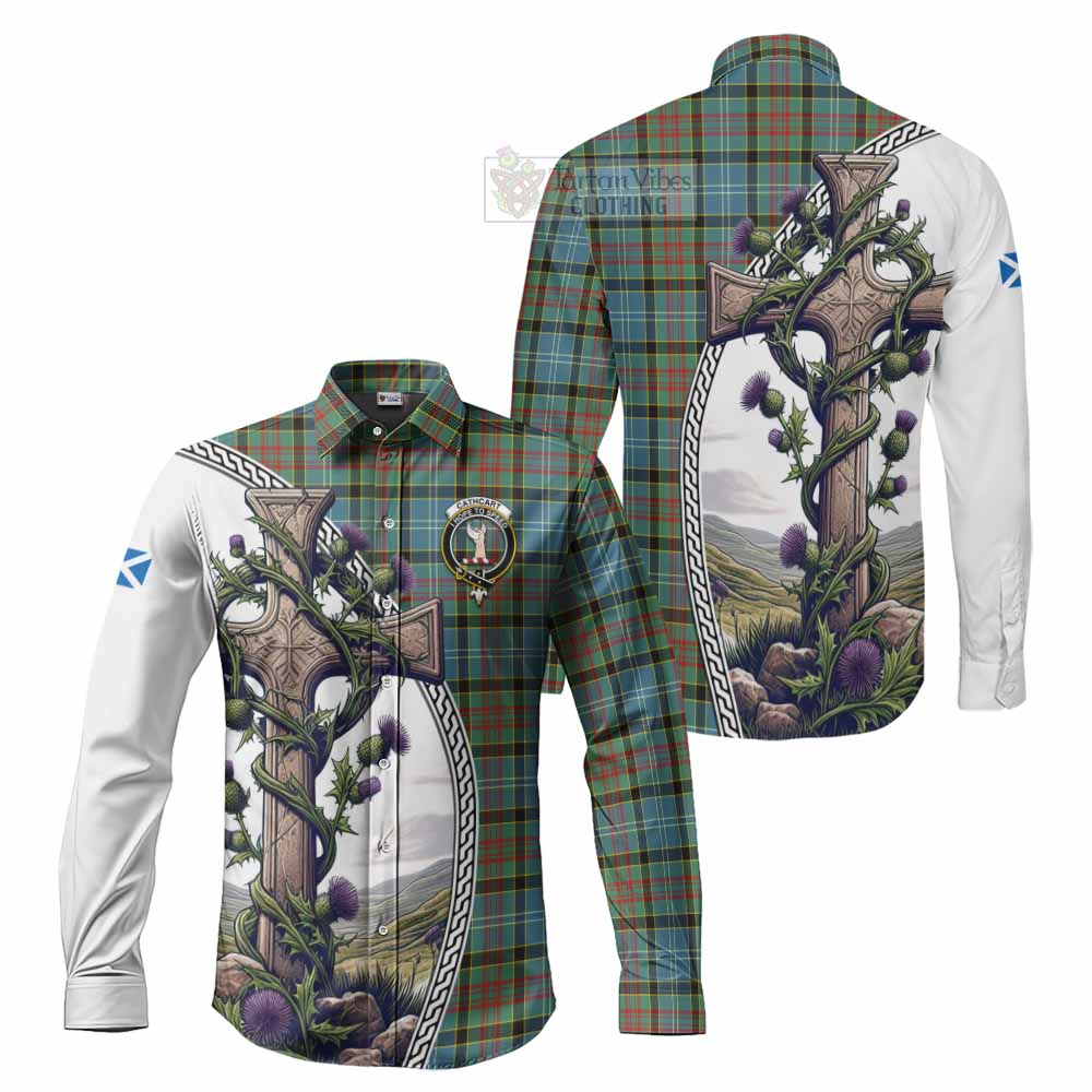 Tartan Vibes Clothing Cathcart Tartan Long Sleeve Button Shirt with Family Crest and St. Andrew's Cross Accented by Thistle Vines