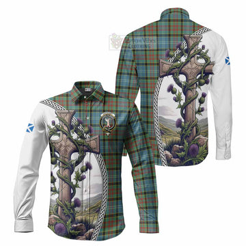 Cathcart Tartan Long Sleeve Button Shirt with Family Crest and St. Andrew's Cross Accented by Thistle Vines