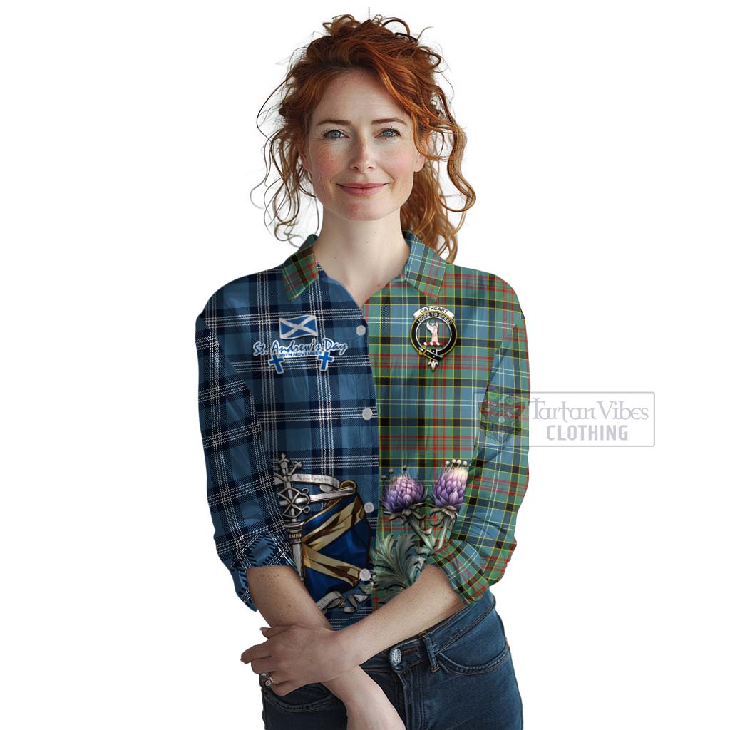 Tartan Vibes Clothing Cathcart Tartan Women's Casual Shirt Happy St. Andrew's Day Half Tartan Style