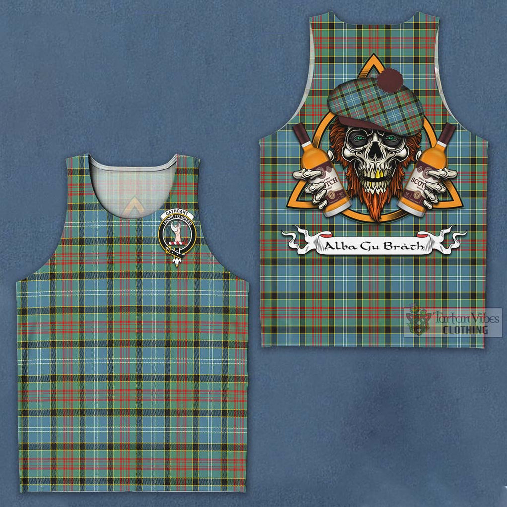 Tartan Vibes Clothing Cathcart Tartan Men's Tank Top with Family Crest and Bearded Skull Holding Bottles of Whiskey